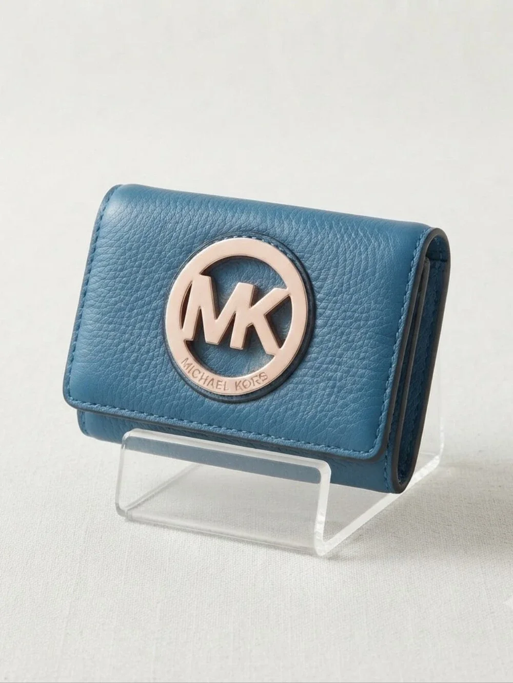 Michael Kors Blue Pebbled Leather Rose Gold MK Logo Flap Card Case Mini Wallet